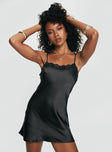 Mini dress Straight neckline, adjustable straps, lace trim at bust Good stretch, unlined  Princess Polly Lower Impact 