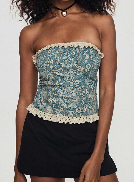 Corset top  Ruffle detail, floral print, invisible zip fastening, strapless style  Non-stretch material, unlined
