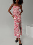 Floral maxi dress Adjustable shoulder straps with tie fastening, invisible zip fastening at back, leg slit Non-stretch material, fully lined