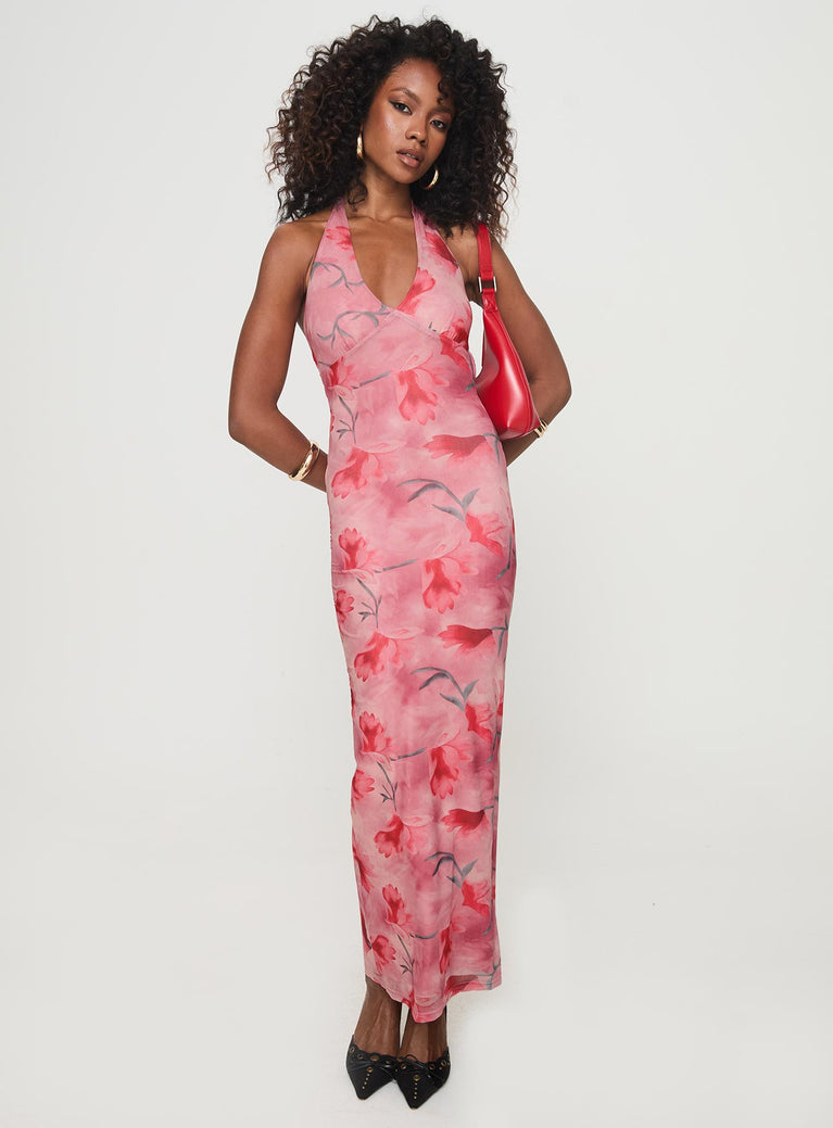 Maxi dress Floral print, halter style, low open back with tie fastening Good stretch, fully lined 