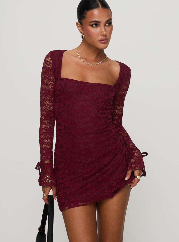 Mini Dress Maroon Lace Bodycon Dress Mini Dress Long Maroon Lace Dress Burgundy Lace Long Sleeve One Leg Prom Dress Lucianna Long
