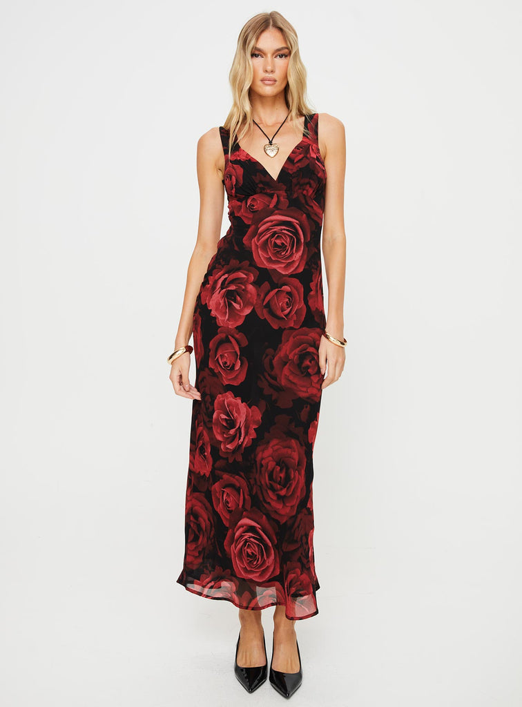 Dasha Ls Model Maya  Maysa Rose Maxi Dress Black / Red