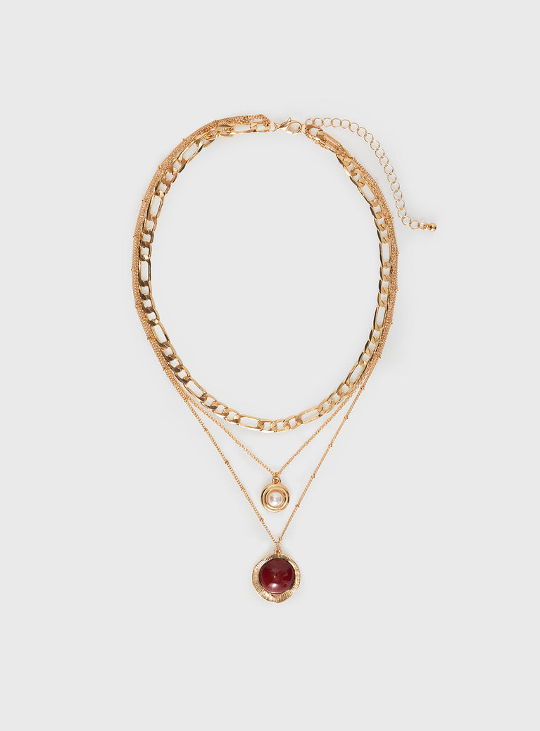 Necklace Three-tiered style, gold-toned, gemstone & pearl detail Princess Polly Lower Impact 