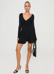 Long sleeve romper V-neckline, tie fastening at back of neck, ruched waistband, open back Good stretch, partially lined Princess Polly Lower Impact