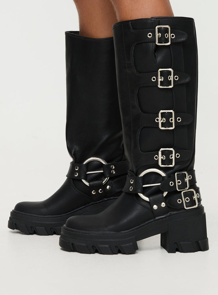 Buckle Up Now Boots Black Princess Polly