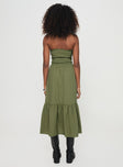 Strapless maxi dress Shirred band at bust, tiered skirt Non-stretch material, unlined 