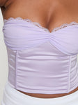 Satin strapless top  Crop style, mesh ruched bust, lace trimming detail, boning throughout, inner silicone strip around bust and back, invisible zip fastening at back  Non-stretch, fully lined  Princess Polly Lower Impact