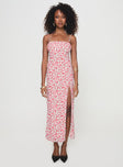 Floral maxi dress Adjustable shoulder straps with tie fastening, invisible zip fastening at back, leg slit Non-stretch material, fully lined