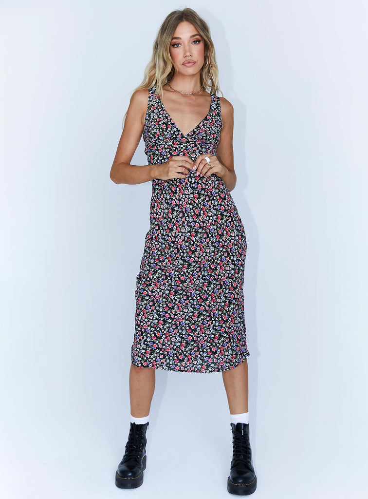 Floral midi deals dress black