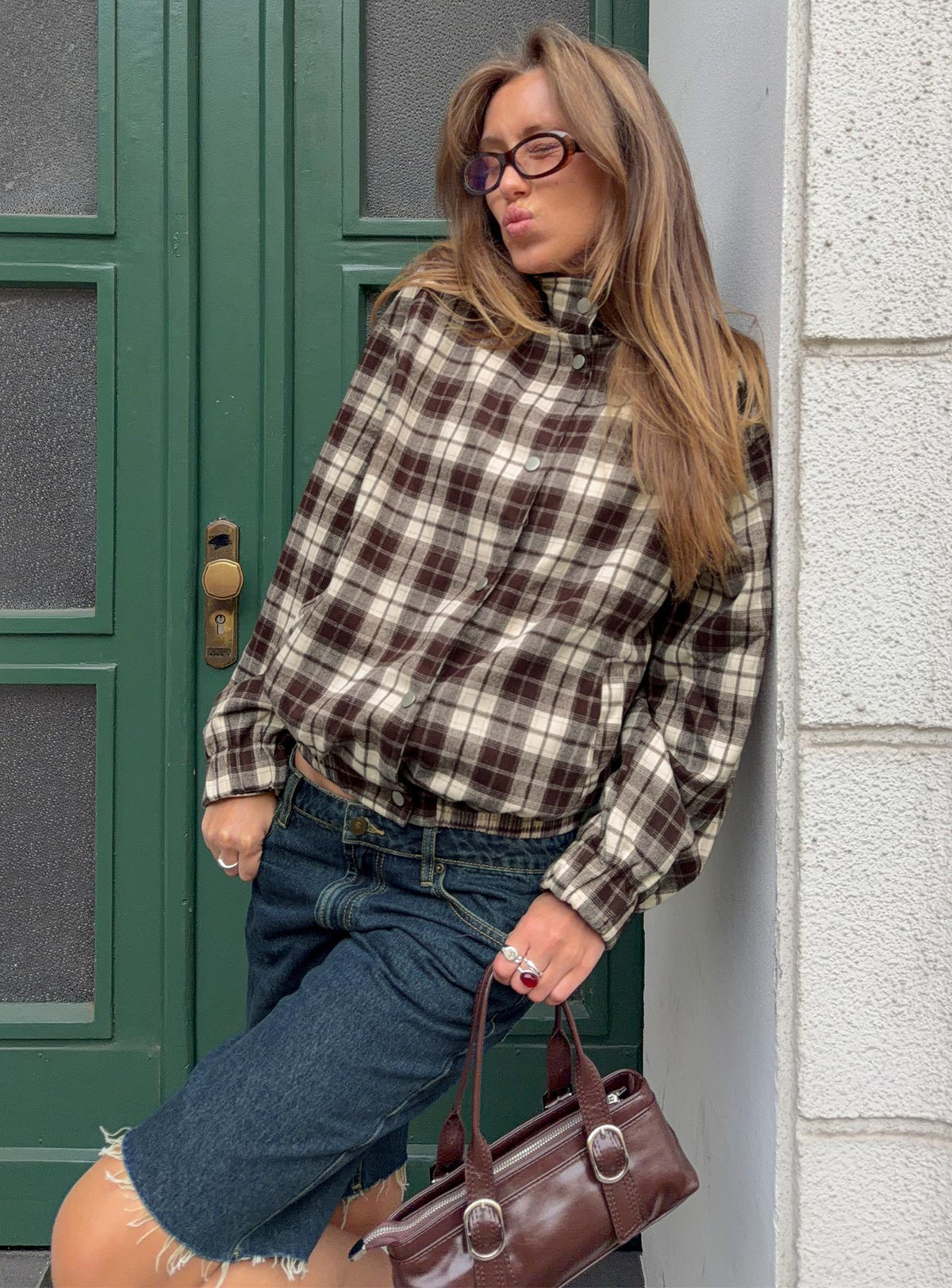 Khodana Funnel Neck Hemdjacke mit Knopfleiste braun kariert