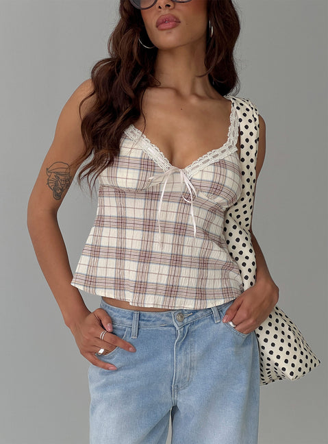 Pretty It Up Tie Detail Top Beige Check