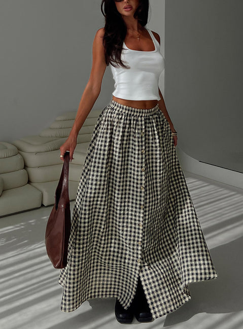   front view of model wearing Princess Polly Cartmel Check Maxi Skirt Black / Cream Maxi 