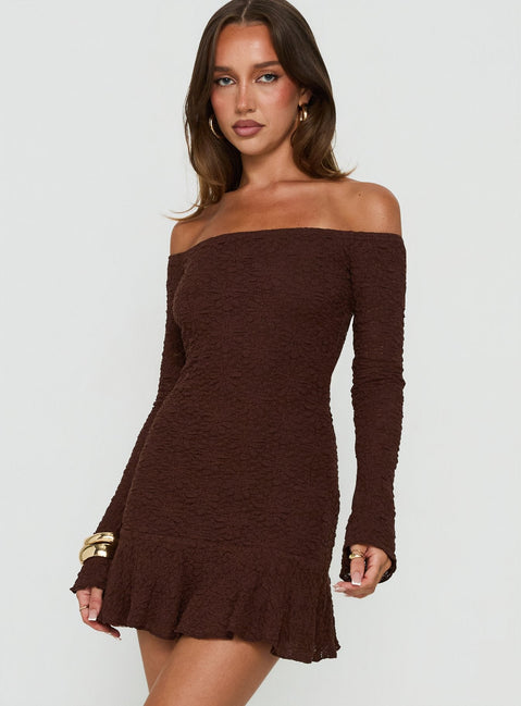 Vancesca schulterfreies Mini-Kleid mit langen Ärmeln, Chocolate
