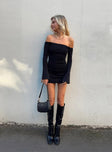 back view of model wearing Princess Polly Parisa Long Sleeve Mini Dress Black Tall Straight Neck 