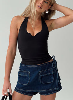front view of model wearing Princess Polly Evangelene Halter Top Black Sleeveless Scoop Neck 