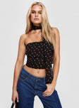 Black floral Floral crop top Strapless, bustier fit, scarf neck tie detail