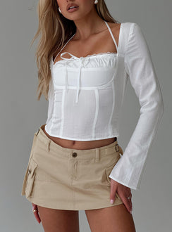 front view of model wearing Princess Polly Talgada Long Sleeve Top White Full Sleeves Square Neck 