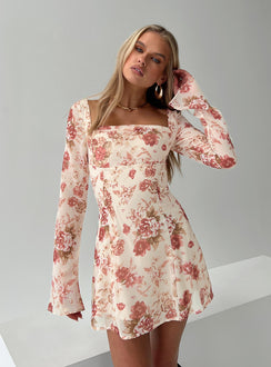 front view of model wearing Princess Polly Valentin Long Sleeve Mini Dress Floral Square Neck 