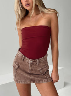 back view of model wearing Princess Polly Niner Strapless Bodysuit Burgundy Sleeveless 