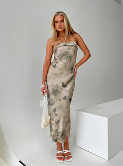 front view of model wearing Princess Polly Voices Strapless Maxi Dress Cream Floral Straight Neck 