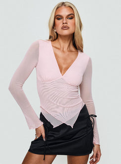 front view of model wearing Princess Polly Potential Long Sleeve Top Pink Full Sleeves Plunger 