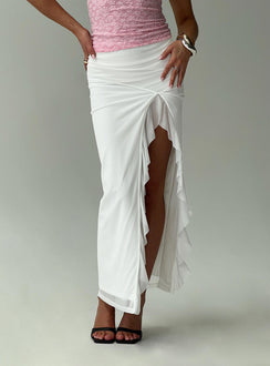   front view of model wearing Princess Polly Amarie Ruffle Maxi Skirt White Maxi 