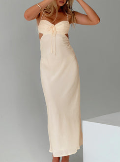 back view of model wearing Princess Polly Durand Maxi Dress Cream Sweetheart Neckline 