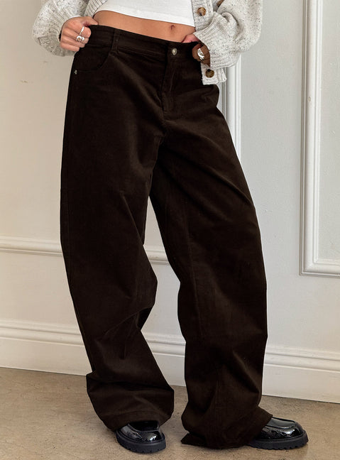 side view of model wearing Princess Polly Kenza Wide Leg Corduroy Pant Brown Mid Rise Pants 