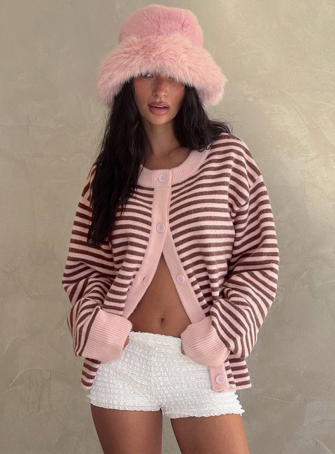 front view of model wearing Princess Polly Darnelle Button Up Knit Cardigan Pink Stripe Longline Jumpers 