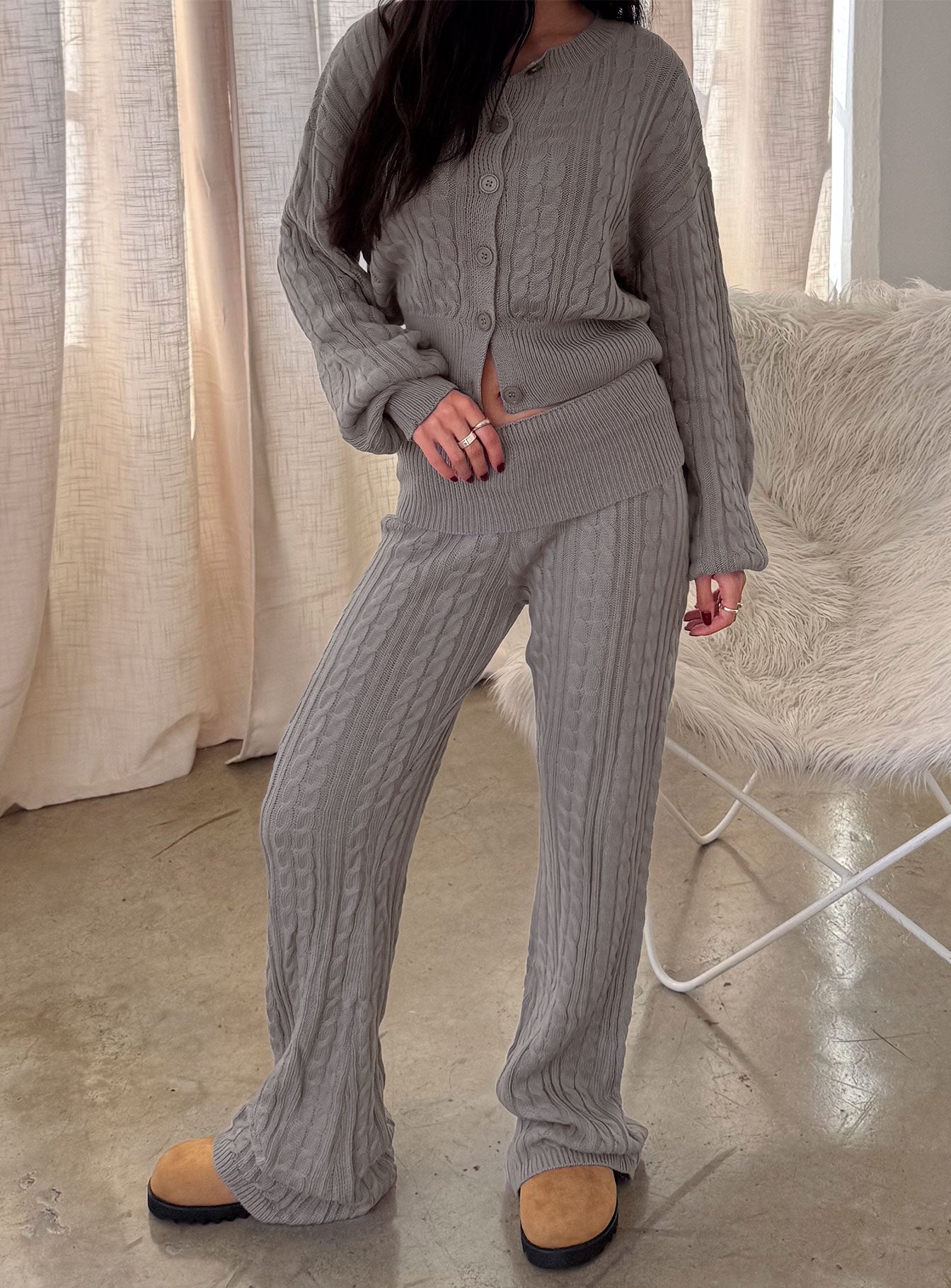 front view of model wearing Princess Polly Baleigh Cable Knit Foldover Pants Grey Mid Rise Pants 