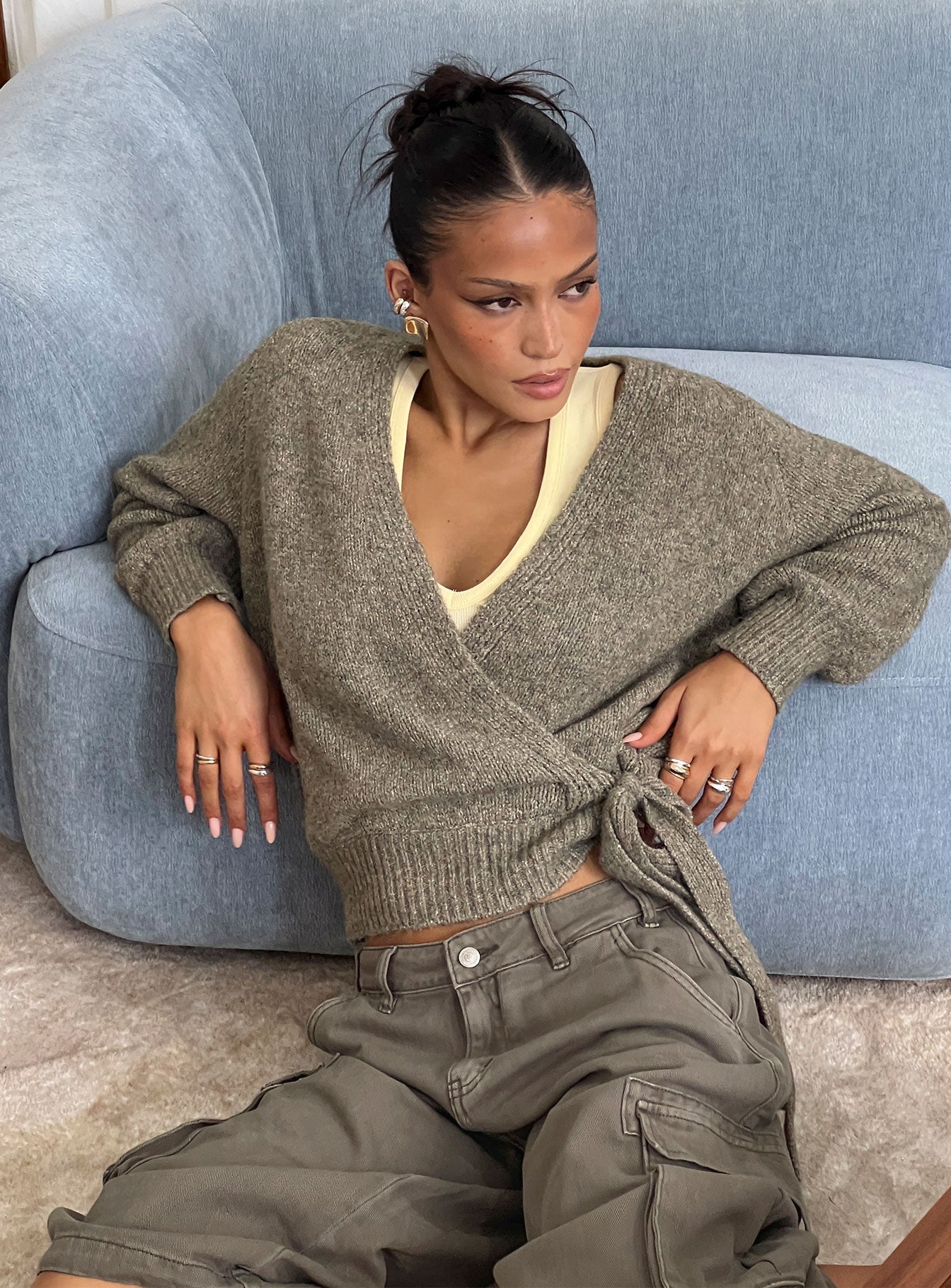 front view of model wearing Princess Polly Daelan Wrap Knit Cardigan Brown regular 