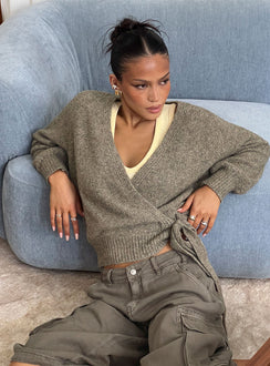 front view of model wearing Princess Polly Daelan Wrap Knit Cardigan Brown regular 