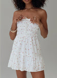 front view of model wearing Princess Polly Kezzy Mini Dress White Floral Straight Neck 