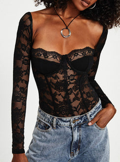 front view of model wearing Princess Polly Cadrot Long Sleeve Lace Bodysuit Black Long Sleeve Tops 
