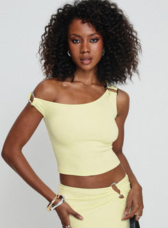 front view of model wearing Princess Polly Rios One Shoulder Top Cream Sleeveless Asymmetric Neckline 