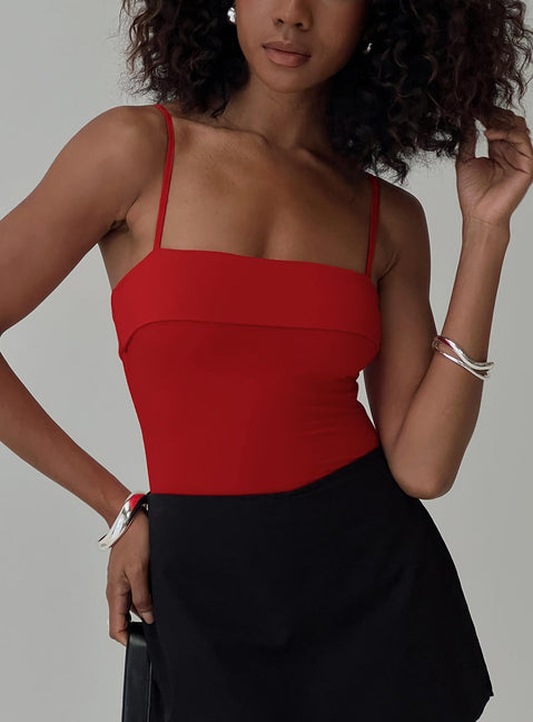 back view of model wearing Princess Polly Lilani Bodysuit Red Sleeveless Square Neck 
