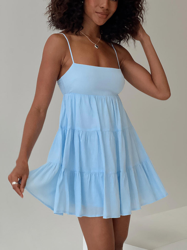 front view of model wearing Princess Polly Palatial Mini Dress Light Blue Square Neck 