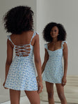 back view of model wearing Princess Polly Landon Mini Dress Blue Floral Sweetheart Neckline 