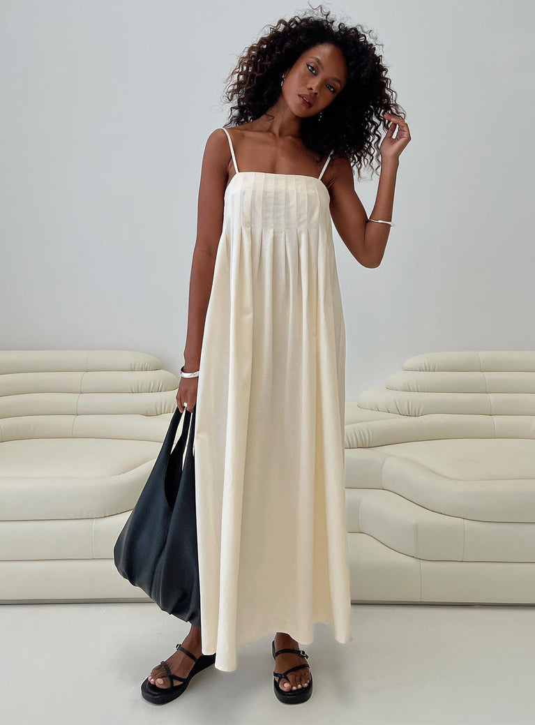 side view of model wearing Princess Polly Frankye Maxi Dress Cream Square Neck 