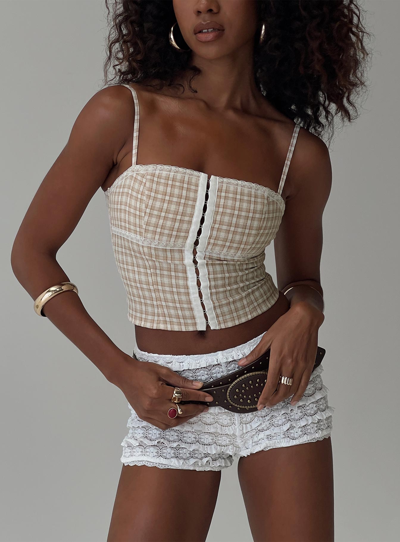 front view of model wearing Princess Polly Amaryllis Top Beige Sleeveless Square Neck 