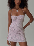 Floral print mini dress Wired cups, halter neck tie fastening, invisible zip fastening at back  Non-stretch, fully lined 