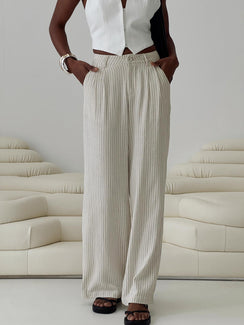 front view of model wearing Princess Polly Hayze Linen Pant Beige Pinstripe High Waisted Pants 
