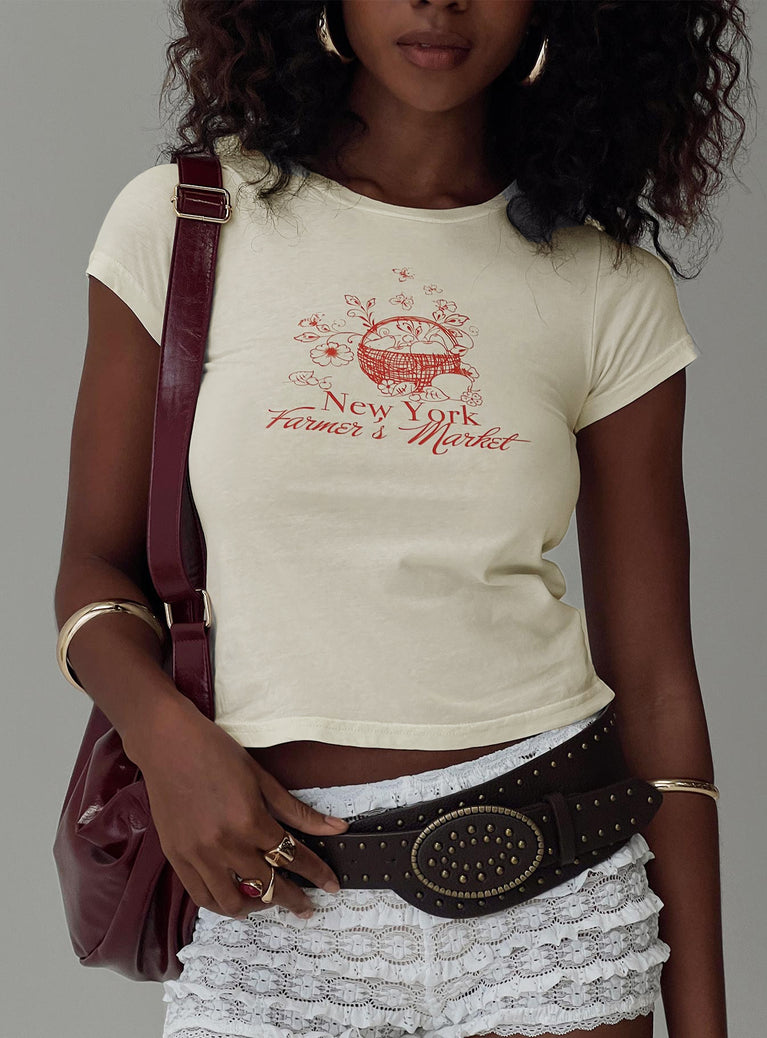 front view of model wearing Princess Polly NYC Farmers Market Tee White Short Sleeves Crew Neck 