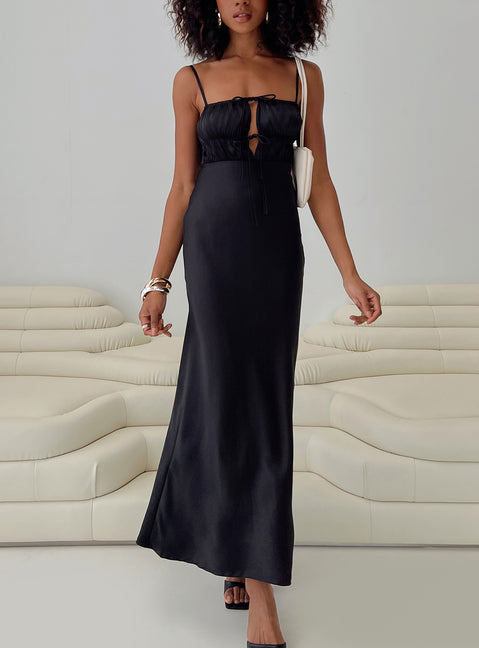 front view of model wearing Princess Polly Jaquelin Maxi Dress Black Square Neck 