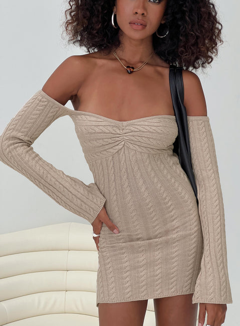 front view of model wearing Princess Polly Bayard Off The Shoulder Knit Mini Dress Beige Straight Neck 