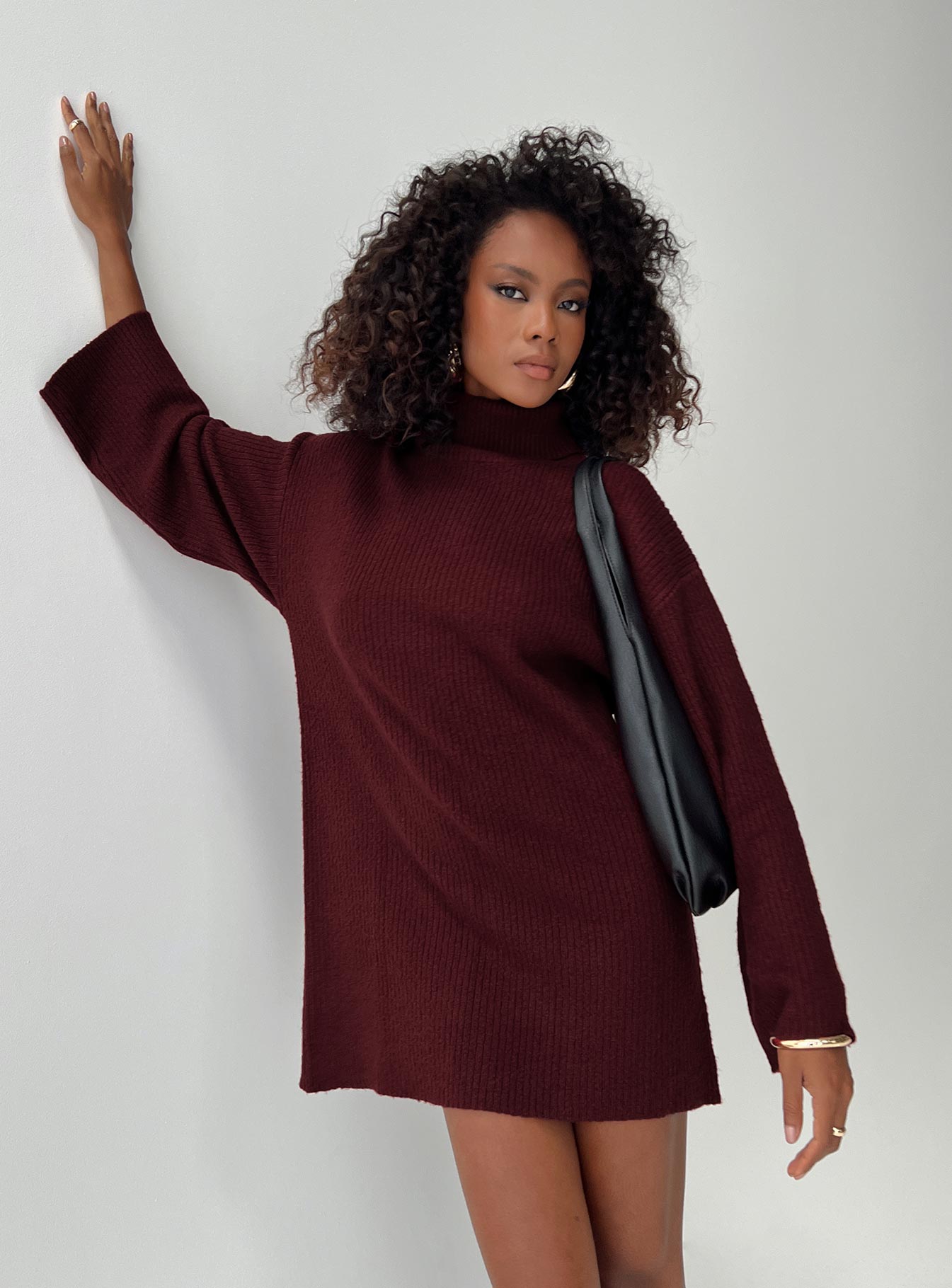 front view of model wearing Princess Polly Sonelle Knit Mini Dress Burgundy High Neck 