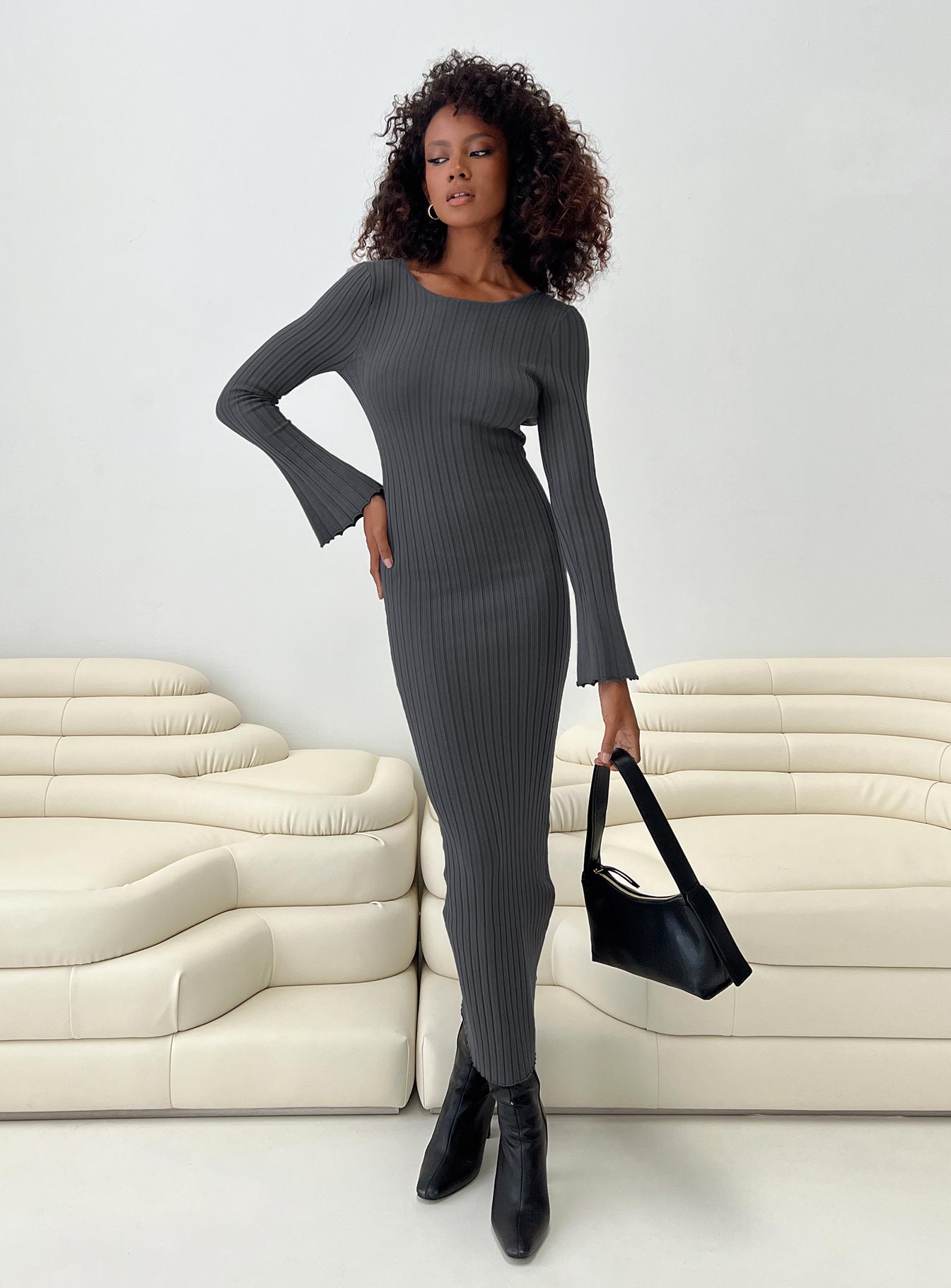 front view of model wearing Princess Polly Heleni Long Sleeve Maxi Dress Grey Scoop Neck 