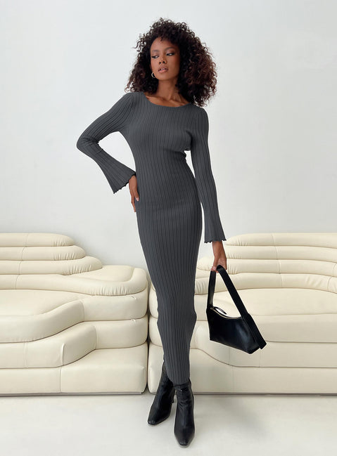 front view of model wearing Princess Polly Heleni Long Sleeve Maxi Dress Grey Scoop Neck 