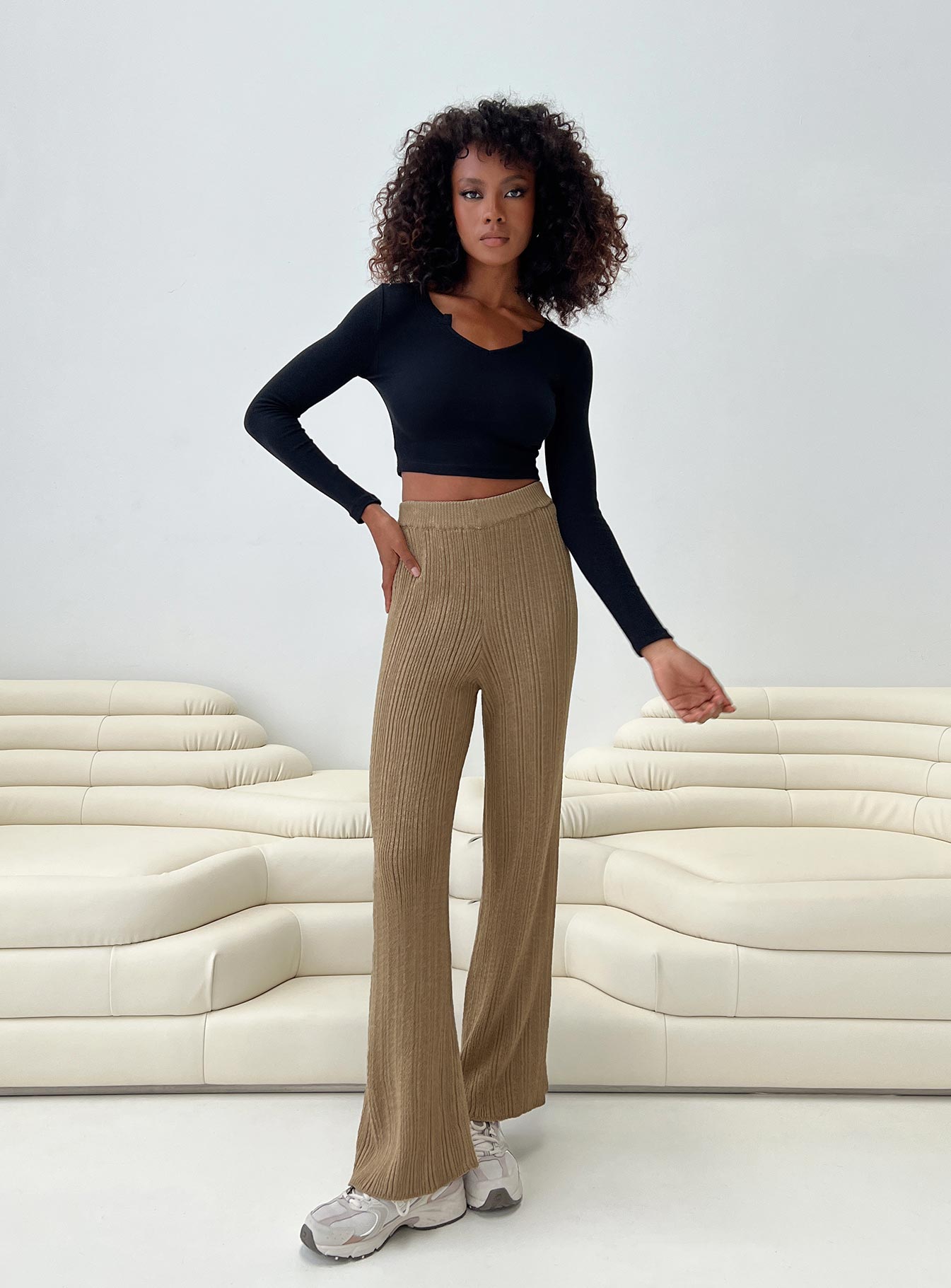 side view of model wearing Princess Polly Lexie Knit Pants Beige Marle High Waisted Pants 