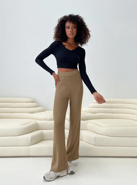 side view of model wearing Princess Polly Lexie Knit Pants Beige Marle High Waisted Pants 